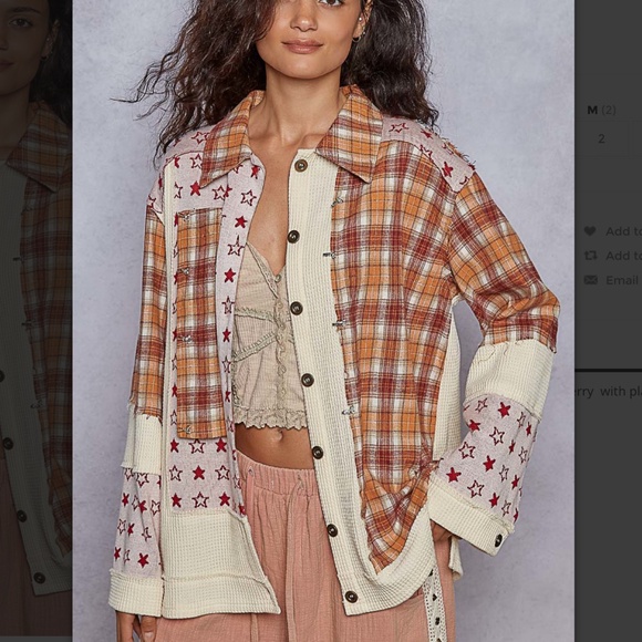 POL Tops - POL Mixed Plaid & Star Patchwork Shacket in Orange, Cream & Red